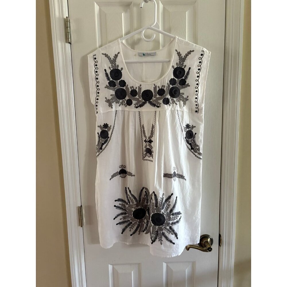 Bindu Linen Blend Embroidered White Dress - Picture 2 of 4